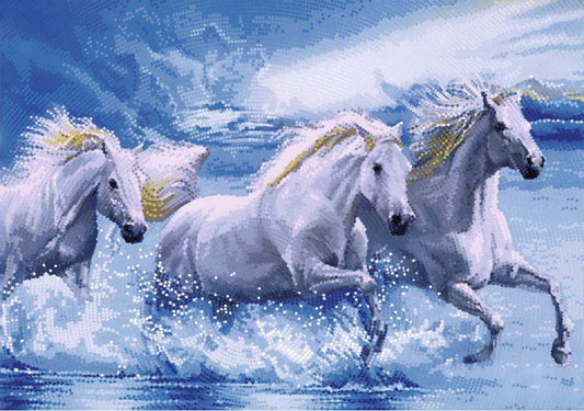 Three white horses with gold manes running through water on a blue and white background
