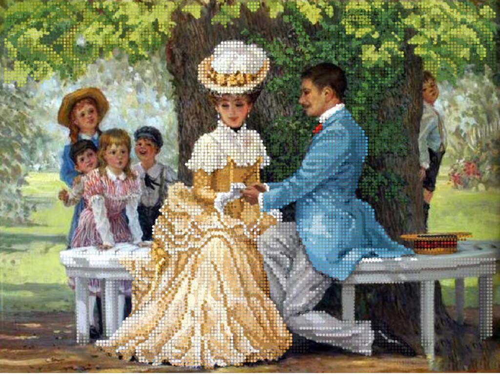 Decorative image of a couple in formal attire sitting on a bench in a park with children in the background.