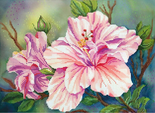 Diamond painting of pink flowers with green leaves on a blue background