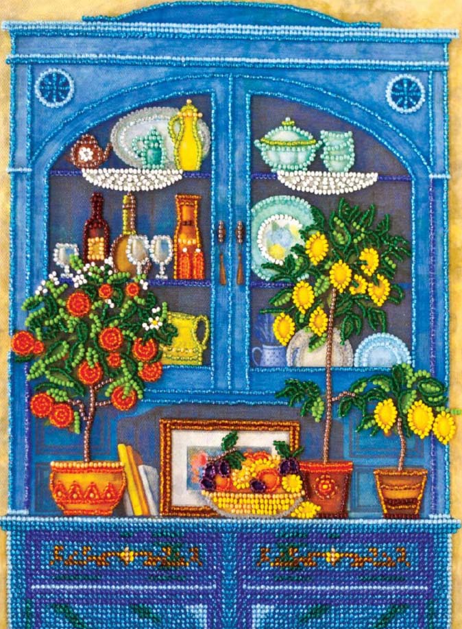 Decorative painting of a blue cabinet with various items including plants and a fruit basket.