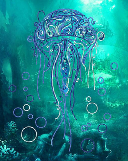A beaded embroidery kit depicting a jellyfish with a printed pattern, beads, and a underwater scene.