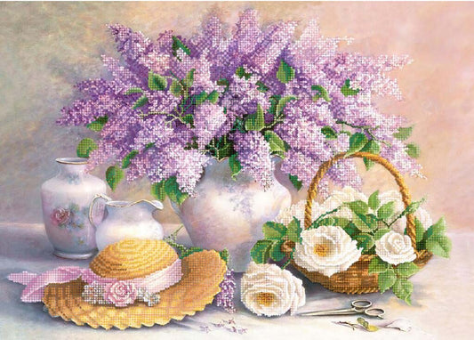 Decorative image with a bouquet of purple flowers, a straw hat, and a basket of white flowers on a soft background.