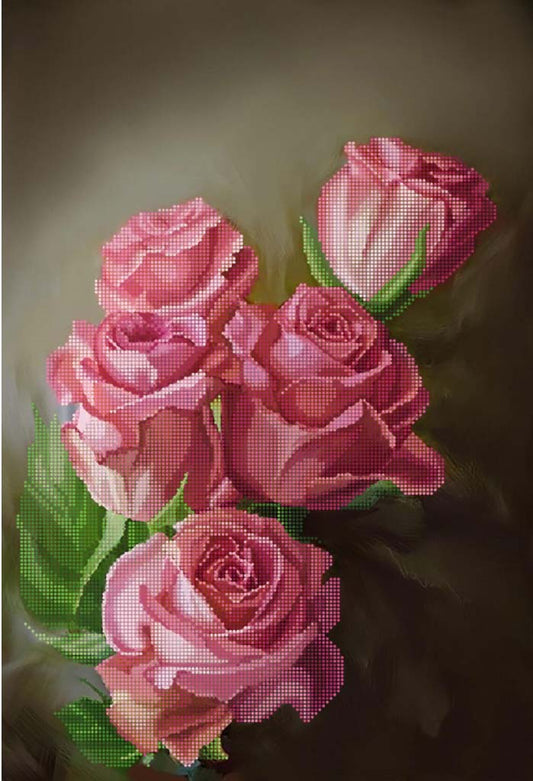 Cross-stitched pattern of pink roses on a dark background