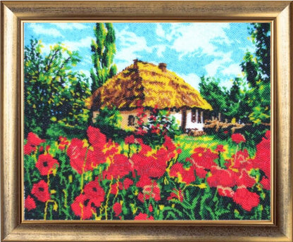 Bead landscape with a thatched cottage and red flowers, framed in gold.
