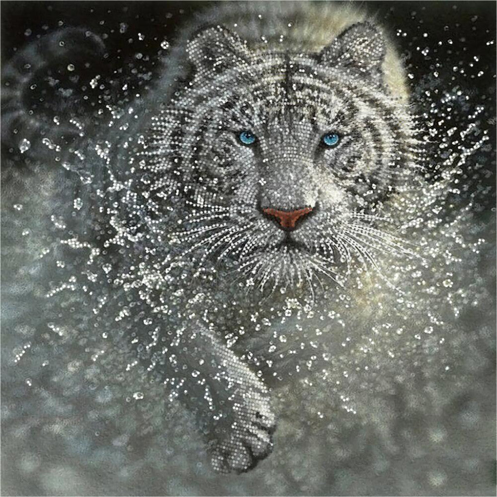 White tiger with blue eyes made of sparkling crystals on a dark background
