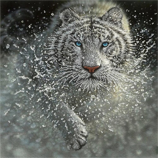 White tiger with blue eyes made of sparkling crystals on a dark background