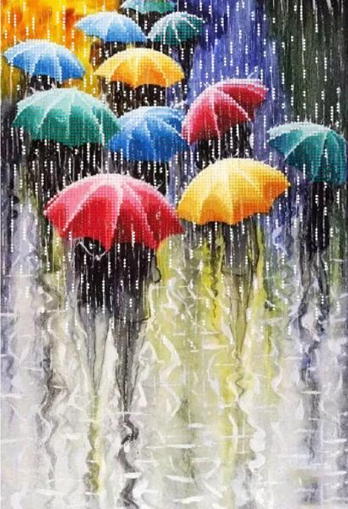 Artistic depiction of people with colorful umbrellas in a rain shower
