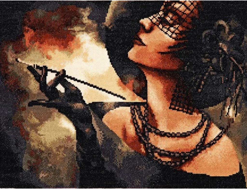 Artistic depiction of a woman with a smoking cigarette, wearing a headscarf and multiple necklaces.