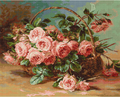 A tapestry kit depicting a basket filled with pink roses, including unprinted canvas, threads, a color photo of the finished picture, a black and white symbol chart, a needle, and instructions.