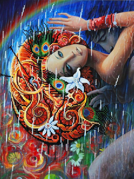 Colorful artwork with a woman's face, flowers, and abstract patterns in a rain-like setting.