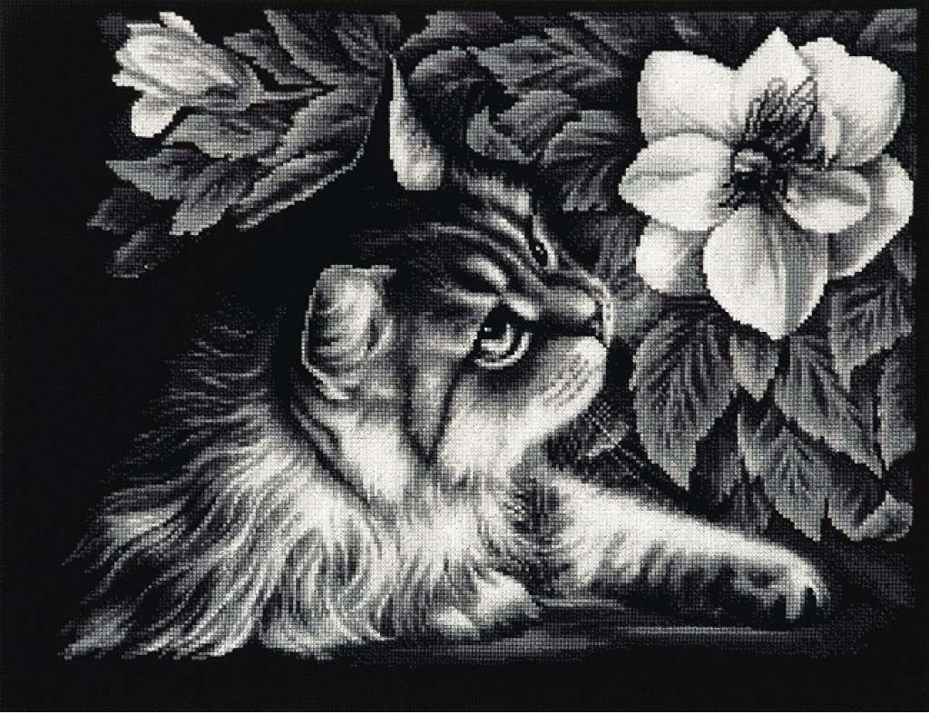 Black and white illustration of a cat with flowers and leaves