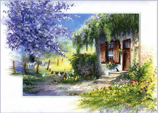 Painting of a quaint house with a garden and chickens under a flowering tree.