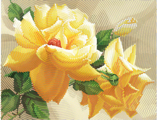 Yellow roses with green leaves on a beaded canvas