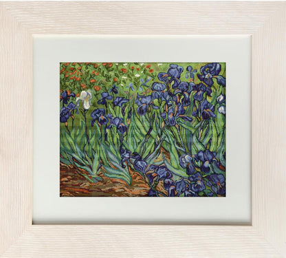 A framed tapestry embroidery kit depicting irises by Van Gogh, with a color photo of the finished picture, threads, and embroidery materials.