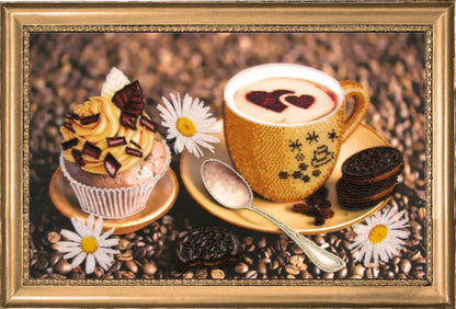 A bead embroidery kit depicting a still life scene with a cup of coffee, a muffin, and coffee beans, framed in a gold-colored frame.