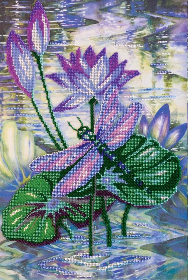 Decorative diamond painting of a dragonfly on water lilies with a colorful background.