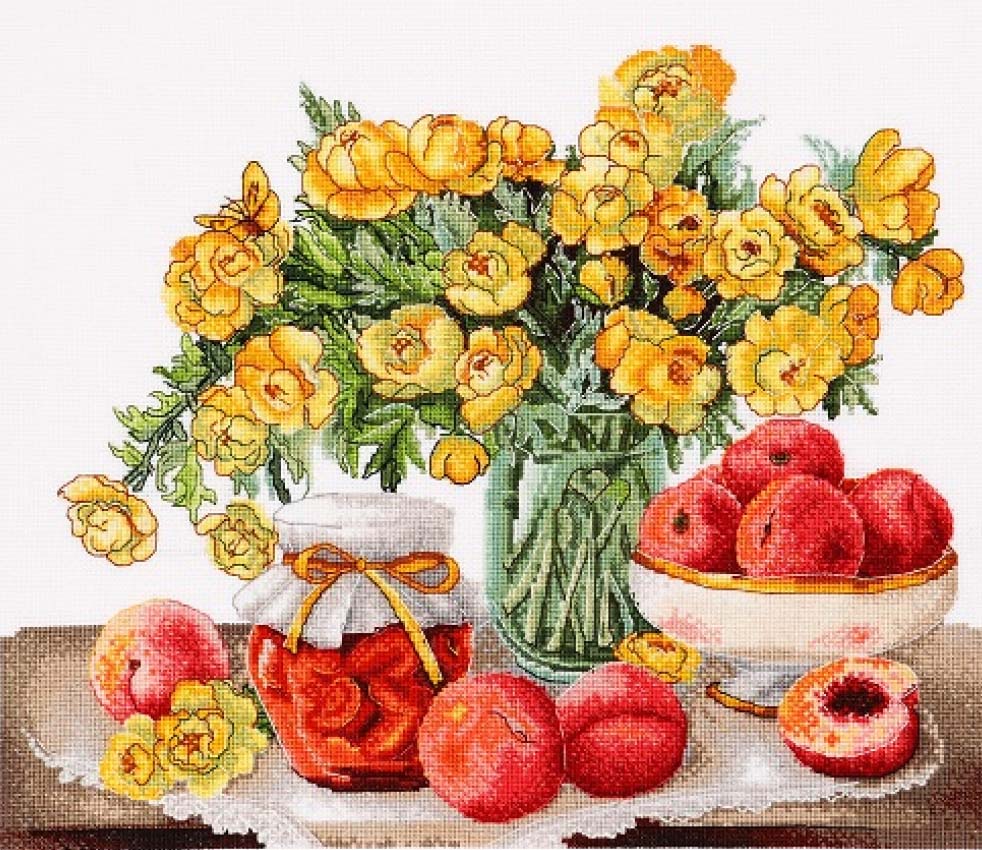 Cross-stitched design of a still life with yellow flowers, peaches, and a jar.