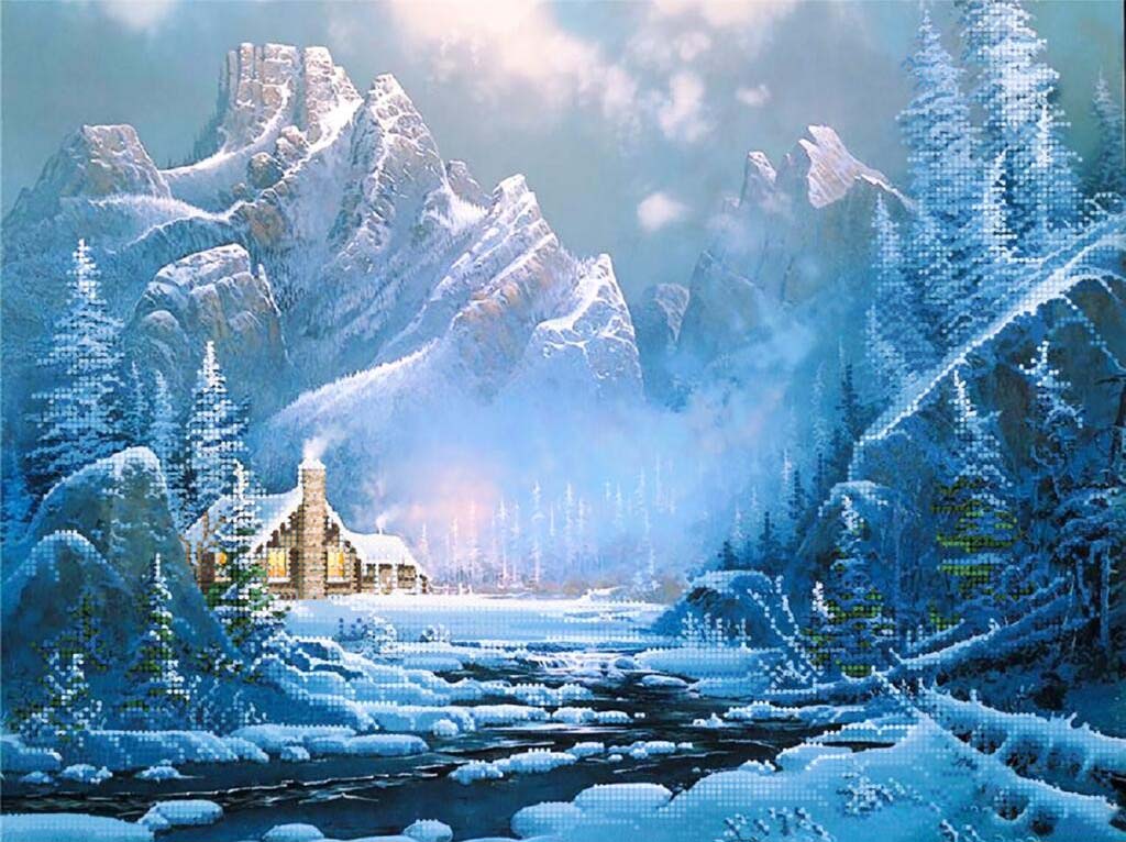 Snowy mountain landscape with a cabin and trees