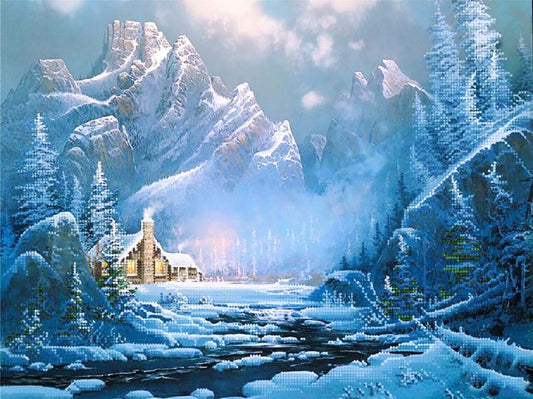 Snowy mountain landscape with a cabin and trees