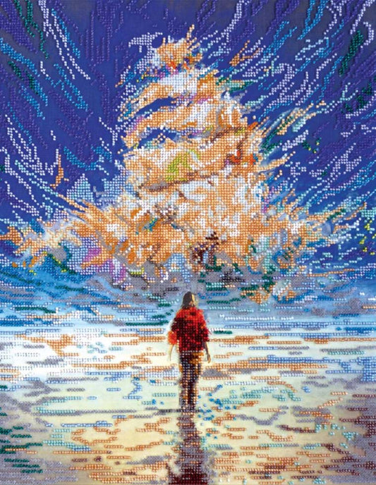 Person in a red coat standing on a beach with a large dragon-like creature in the sky.