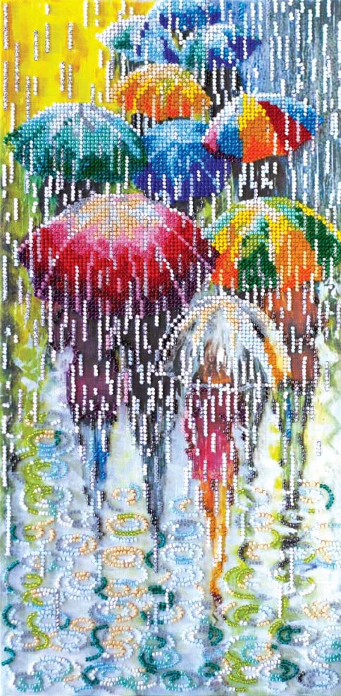 Colorful umbrellas in a rain shower with a multicolored background