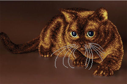 A bead embroidery kit depicting a brown cat with black spots, with a focus on the cat's face and whiskers.
