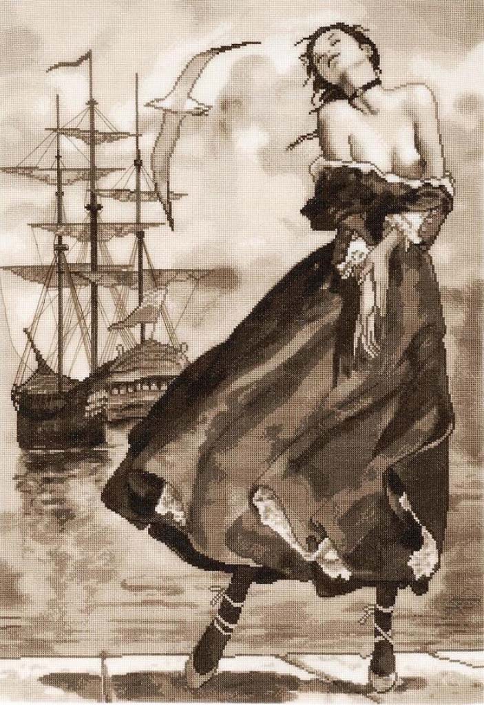 Artistic depiction of a woman in a long dress with a ship in the background