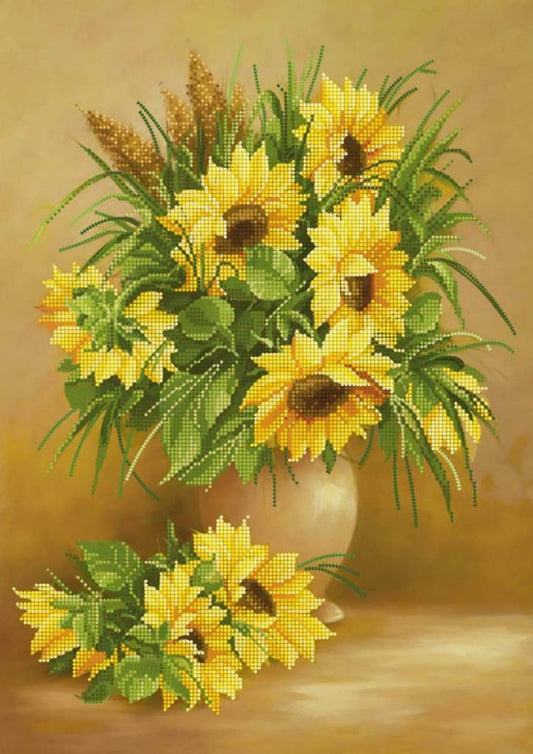 Cross-stitched pattern of sunflowers in a vase on a beige background