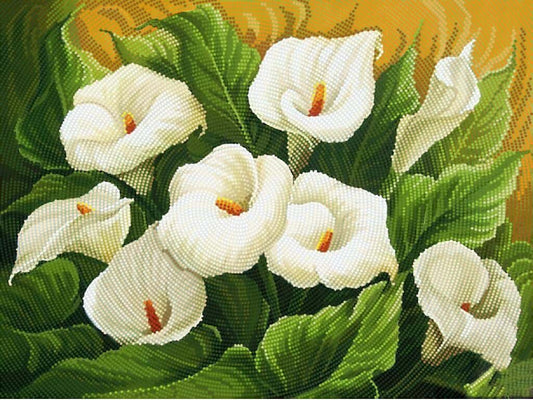 Embroidered design of white flowers with green leaves on a textured background