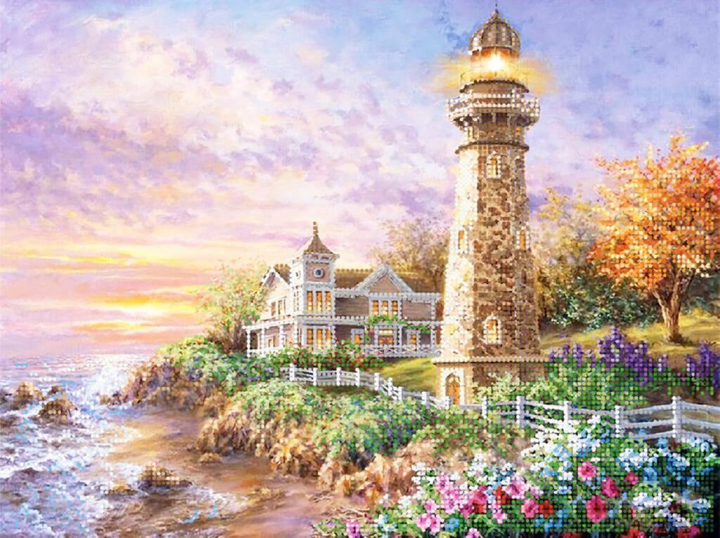Lighthouse and house on a coastal landscape with flowers and trees.