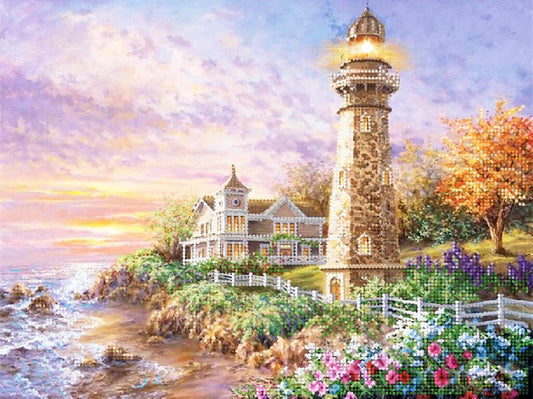 Lighthouse and house on a coastal landscape with flowers and trees.