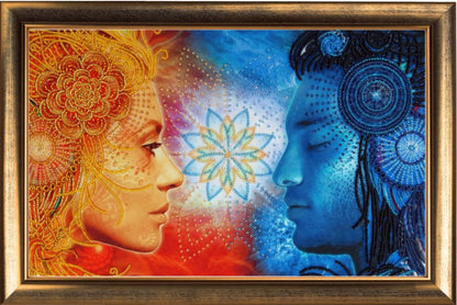 A bead embroidery kit depicting two stylized faces, one in red and one in blue, with a geometric pattern in the background, all framed in a golden frame.