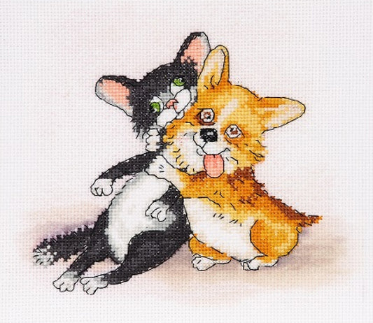 Counted Cross Stitch Kit Cat with dog DIY Alisena
