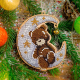 Bead Embroidery Kit on Wood Bear on the moon DIY Christmas tree toy