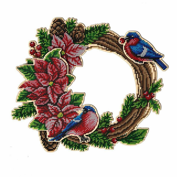 Bead Embroidery Kit on Wood Wreath Christmas flowers DIY