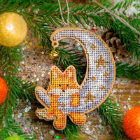 Bead Embroidery Kit on Wood Fox on the moon DIY Christmas tree toy