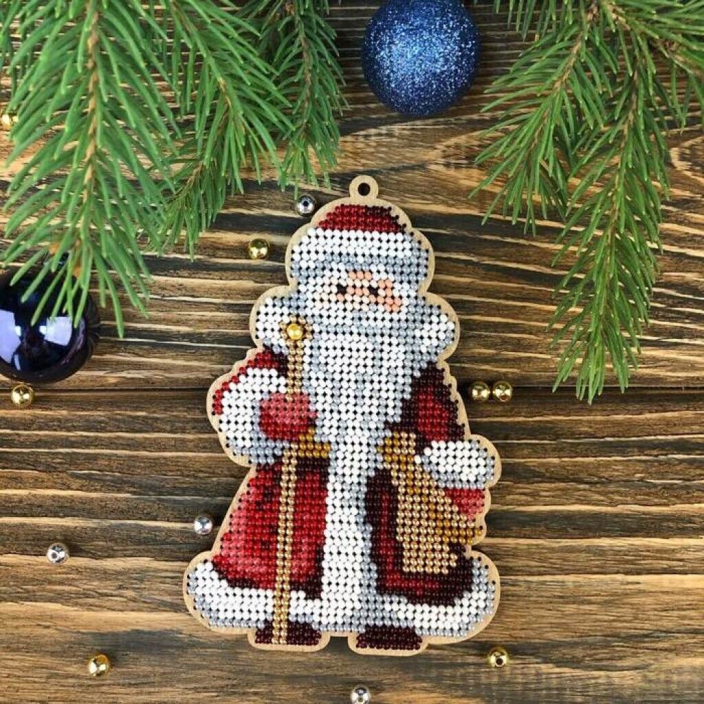 Bead Embroidery Kit on Wood Santa DIY Christmas tree toy