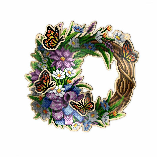 Bead Embroidery Kit on Wood Wreath with flowers DIY