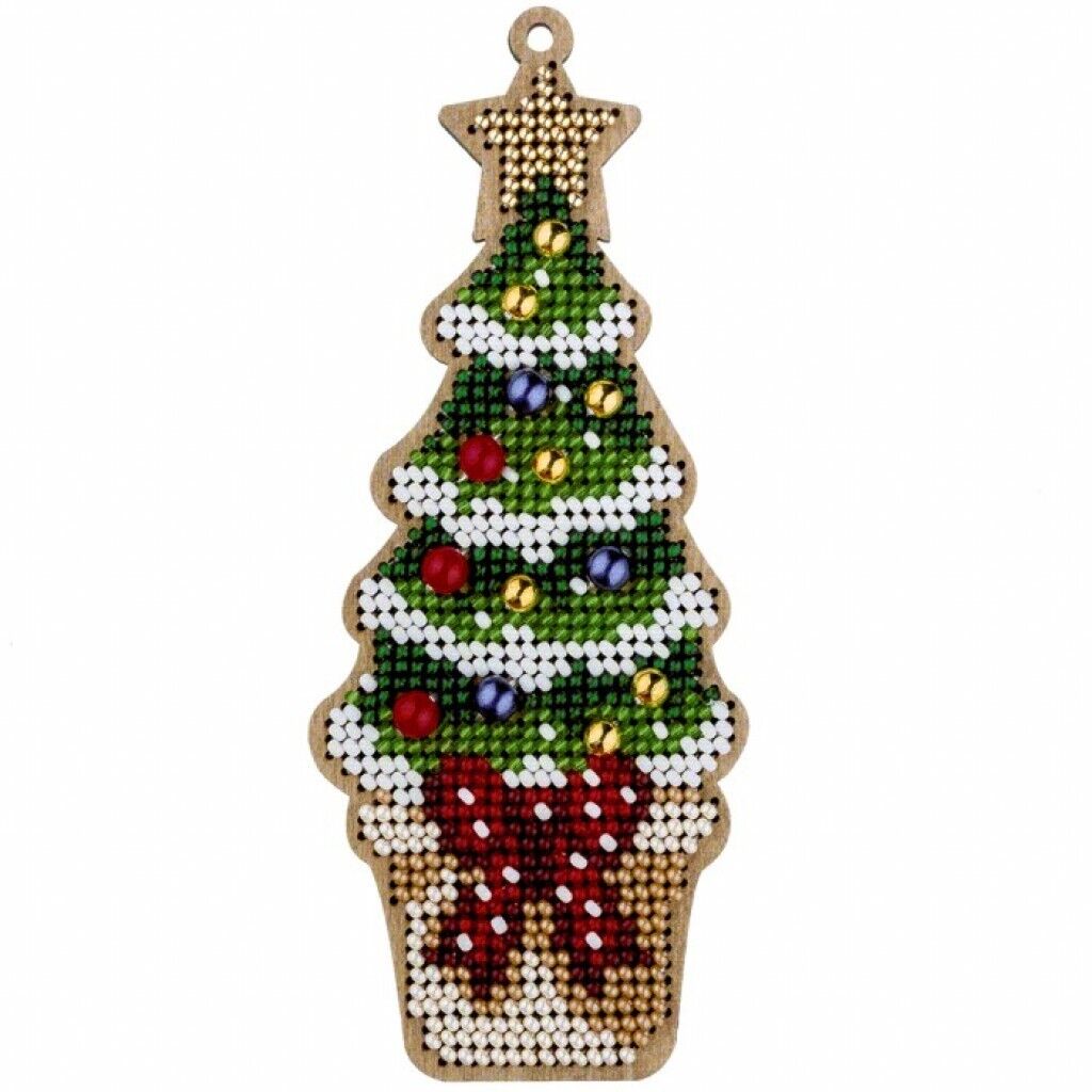 Bead Embroidery Kit on Wood Christmas tree DIY Christmas tree toy