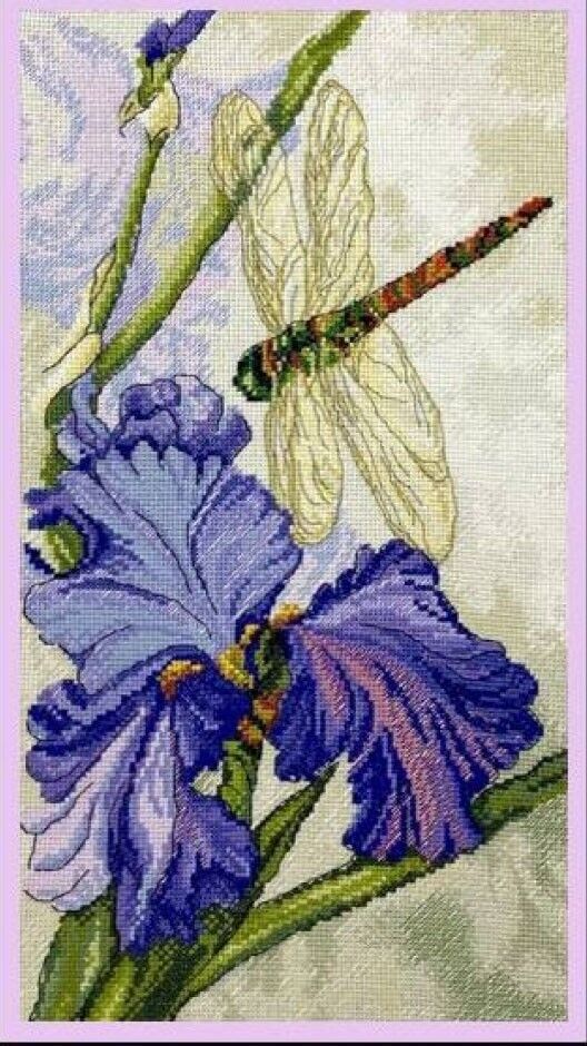 Counted Cross Stitch Kit Iris with dragonfly DIY Unprinted canvas