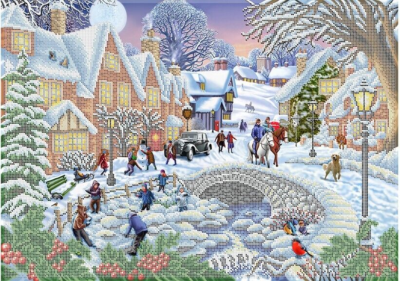 Big Bead Embroidery Kit Winter city DIY Beaded needlepoint Beaded stitching