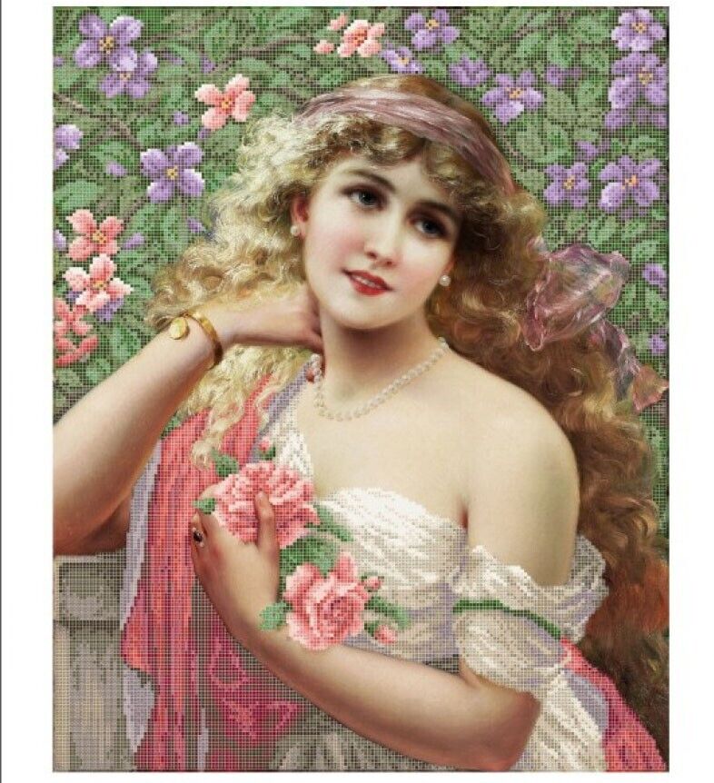 Bead Embroidery Kit Girl with roses DIY Bead needlepoint Bead stitching