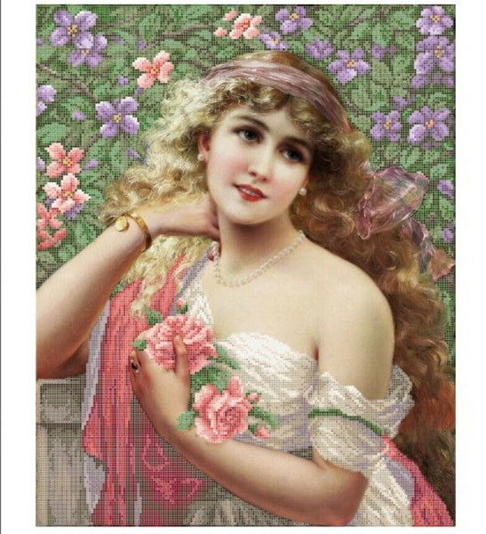 Bead Embroidery Kit Girl with roses DIY Bead needlepoint Bead stitching