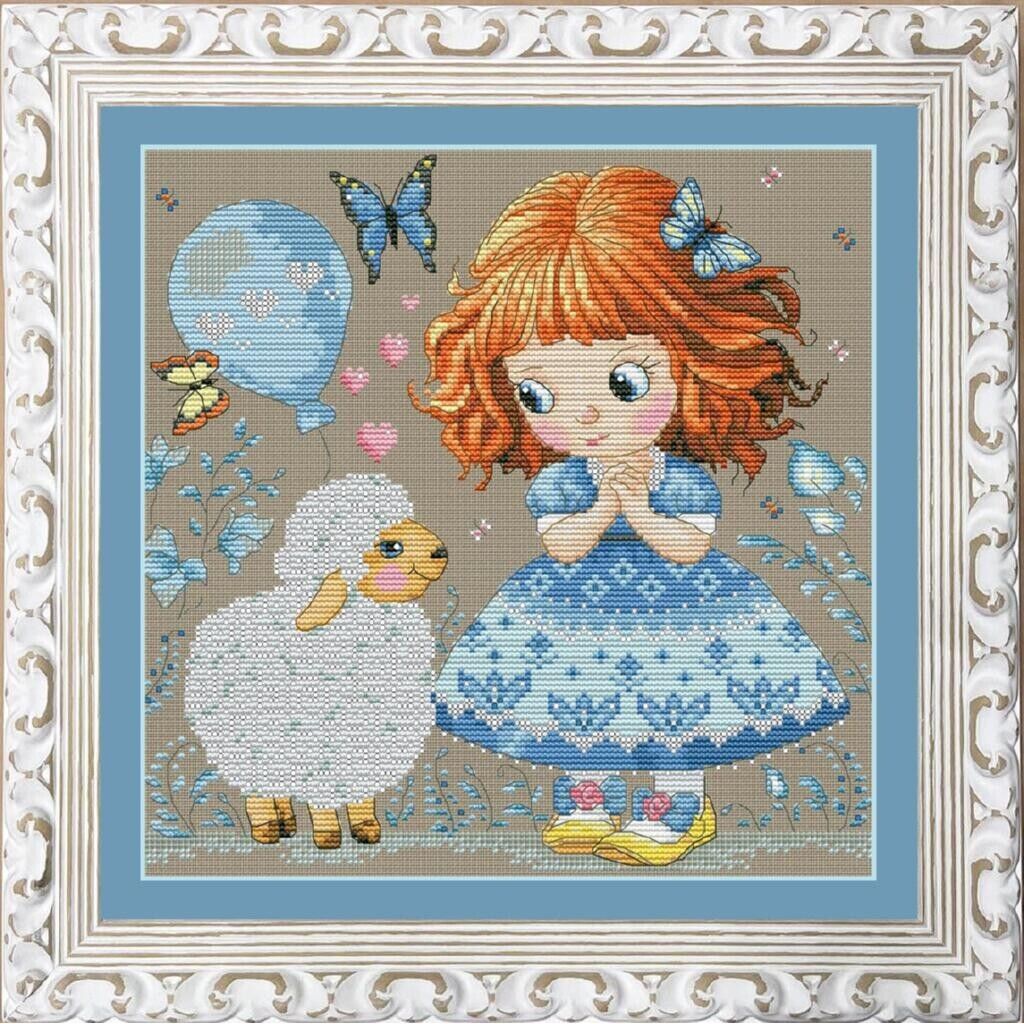 Counted Cross Stitch Kit A girl with a sheep DIY Unprinted canvas