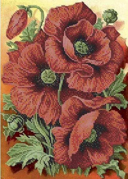 Bead Embroidery Kit Poppies Flowers DIY Beaded needlepoint Beaded stitching