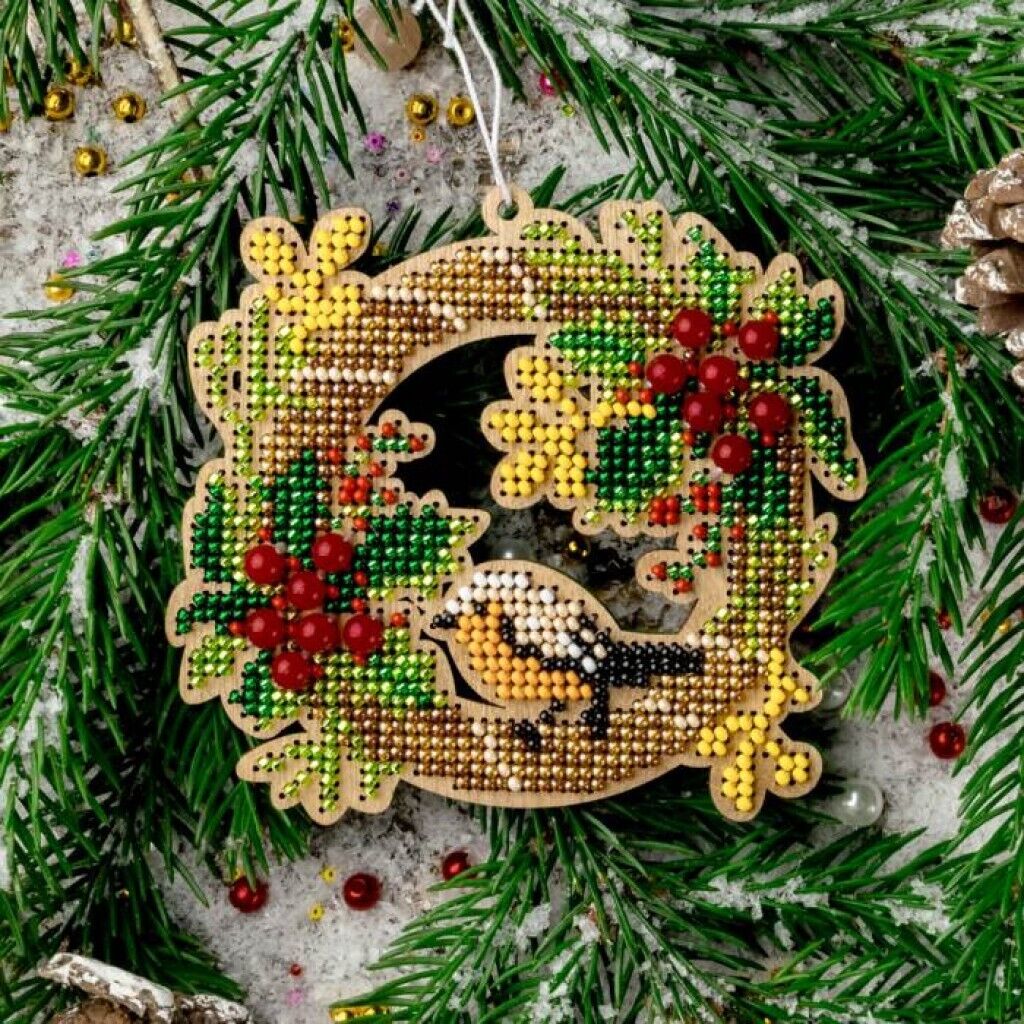 Bead Embroidery Kit on Wood Christmas wreath DIY Christmas tree toy