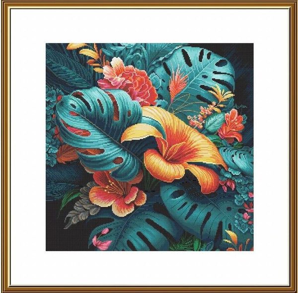 Counted Cross Stitch Kit Exotic flowers DIY Unprinted canvas