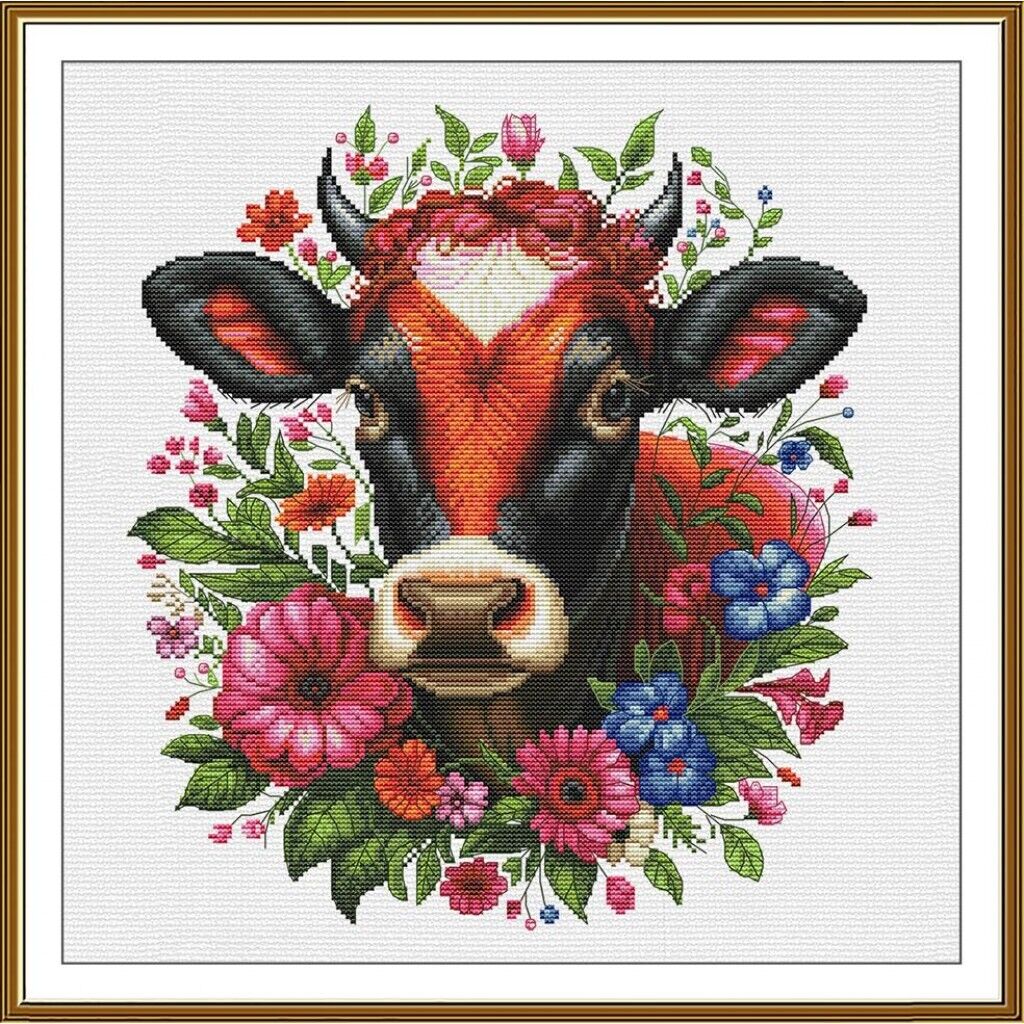 Counted Cross Stitch Kit Cow in flowers DIY Unprinted canvas