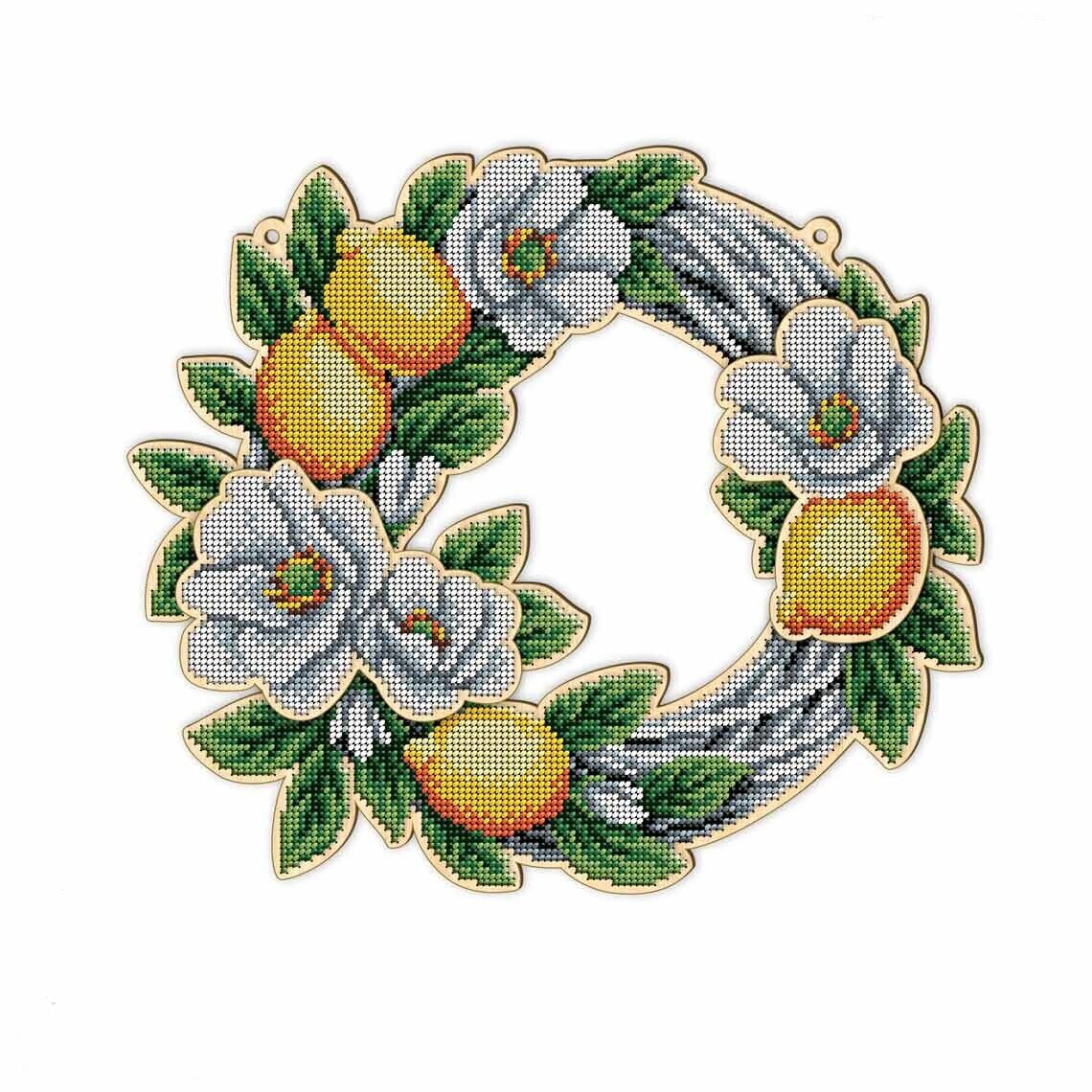 Bead Embroidery Kit on Wood Wreath with lemons DIY