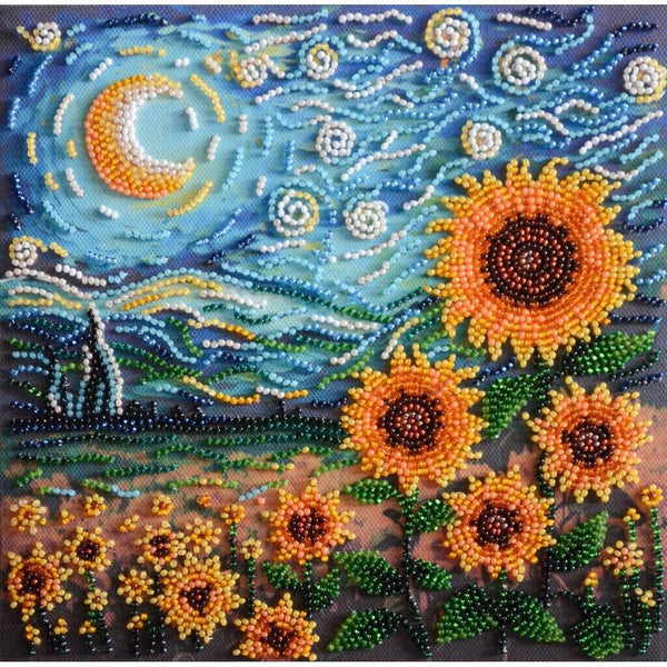 Bead Embroidery Kit Sunflowers in night Beaded stitching Bead needlepoint DIY